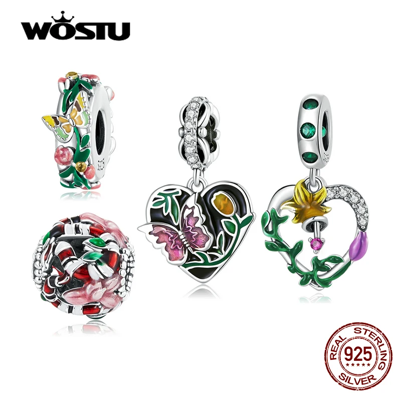 

WOSTU New 925 Sterling Silver Spring Summer Series Butterfly & Flower Bird Charm Beads Pendant Fit Original DIY Bracelet Jewelry