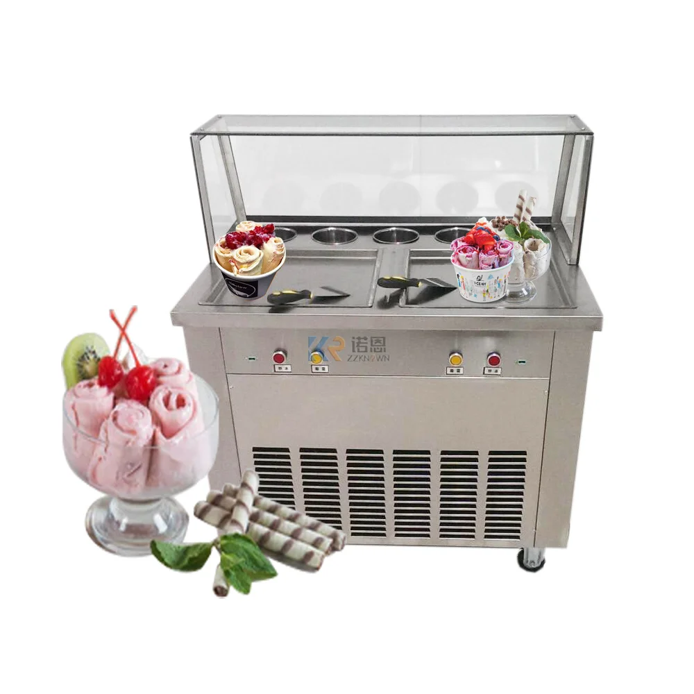 Electric Fried Yogurt Machine Fry Ice Machine Thailand Double Square Pans Fry Ice Cream Roll Machine With 5 Material Barrels