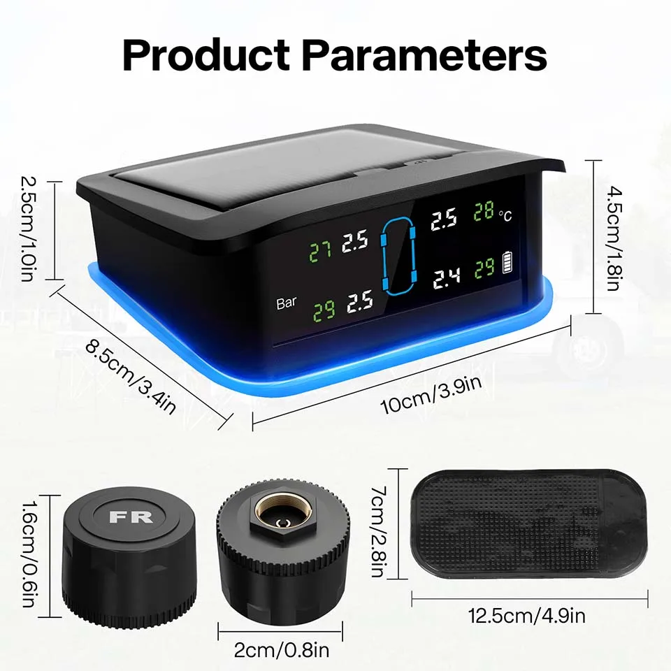 Car TPMS Tire Pressure Monitor System Solar Powered Ambient Light Display 4 Wheels Real-Time Pressure Temperature Alarm