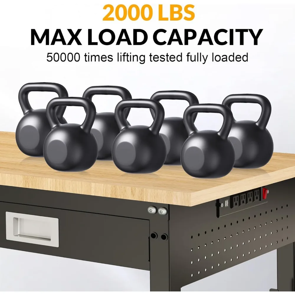 منضدة عمل شديدة التحمل قابلة للتعديل مع أدراج، سعة 2000 رطل، محطة عمل من الخشب المطاطي للاستخدام الصناعي