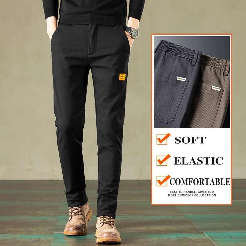 

Autumn Winter New Thick Casual Pants Men Business Cotton Slim Stretch Black Brown Grey Brand Clothes Trousers Male