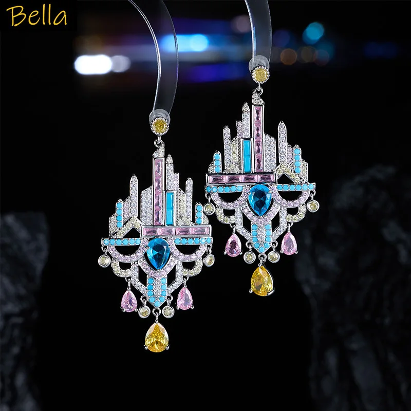

unique earrings for women zirconia luxury jewelry building castle dangling earrings purple blue fushia dinner party jewelry