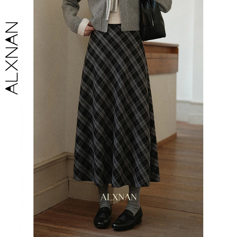 ALXNAN Czarno-szara spódnica w kratę damska Vintage długa elegancka spódnica w kształcie litery A Jesień 2025 Nowa kolekcja biurowa codzienna odzież damska L57551
