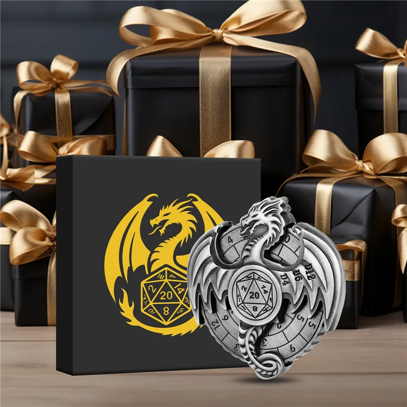 

7-in-1 Dragon Shape Metal Dice Fingertip Spinner D4/D6/D8/D10/D12/D20 Turnable Roulette Wheel for RPG Game Storage Gift Box