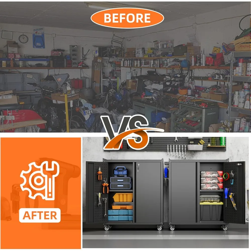 Металлический комод для инструментов на колесиках с замком и колесиками, 2-дверный стальной шкаф для хранения в гараже с регулируемыми полками