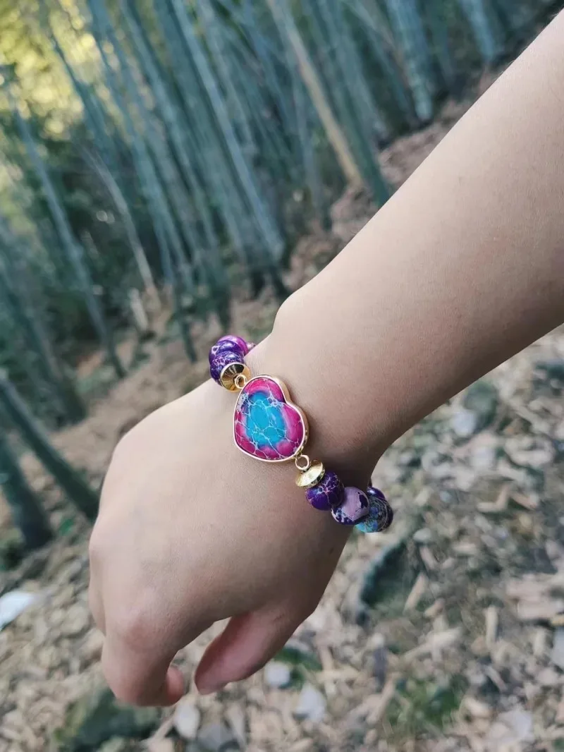 Fashion Vintage Ethnic Nature Imperial Stone Heart Violet Hand String Beads Bracelet for Women Elasticity Meditation Party Gift