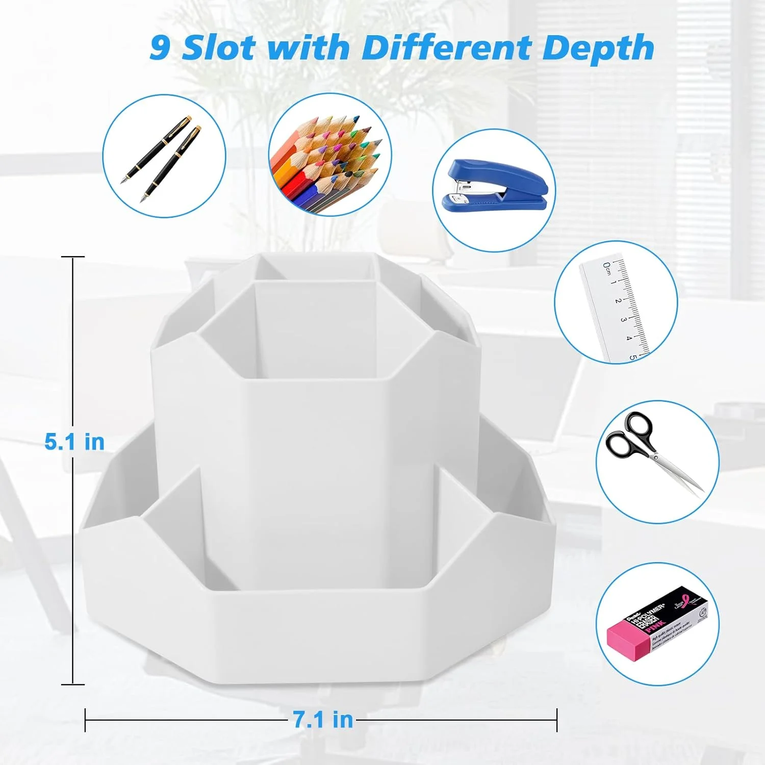 

Desk Pen Holder, 9 slot, Rotating Organizer for Teacher Office Supply, Biege Spin mop Stationary Filing cabinet Lock