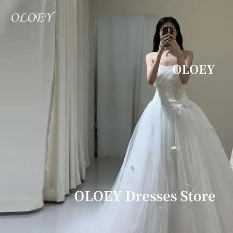OLOEY Sweetheart White Tulle Ribbons 라인 웨딩 드레스 한국 사진 촬영 바닥 길이 신부 가운 코르셋 맞춤형