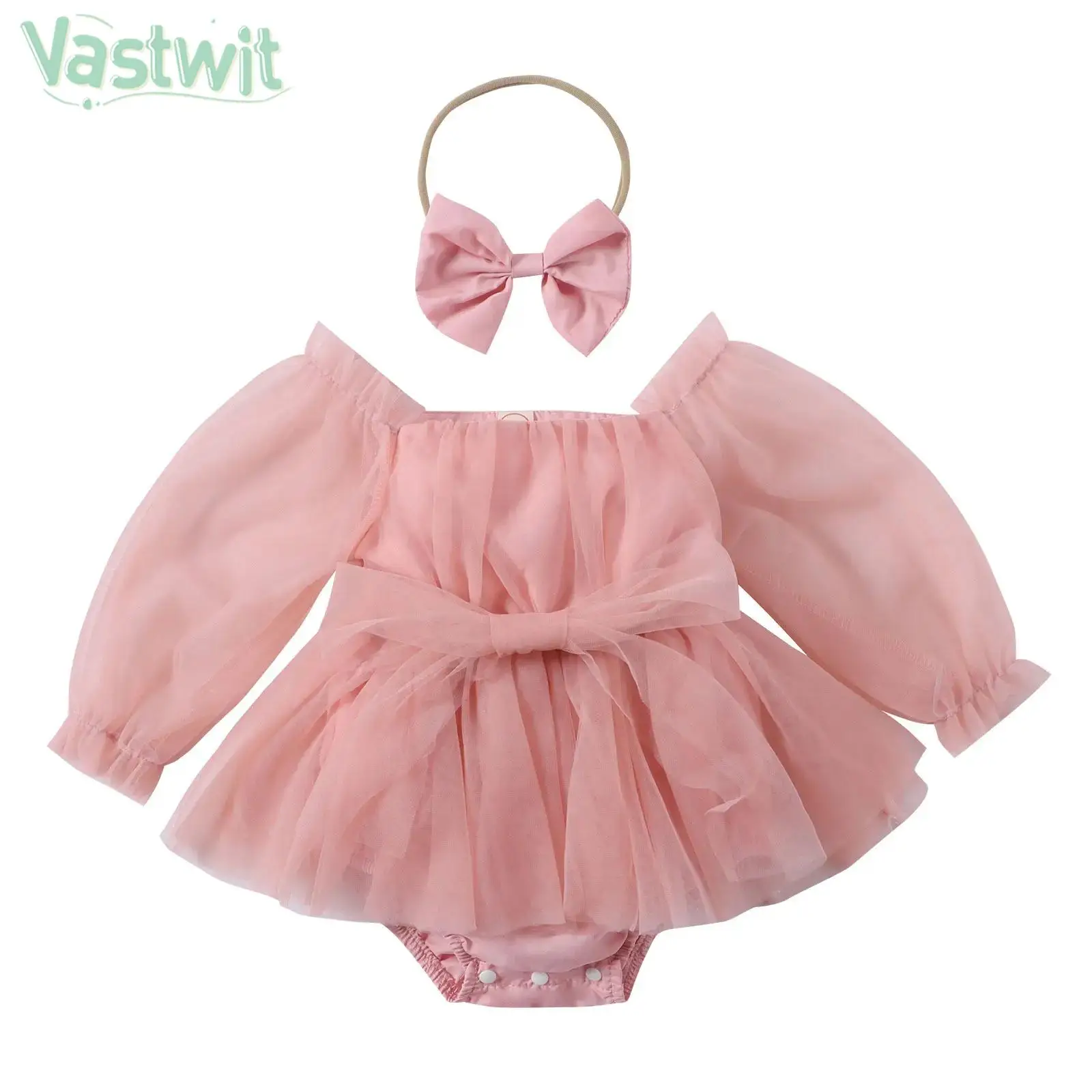 

Baby Girls Cute Bodysuit Long Sleeve Solid Color Ruffle Bow Rompers with Headband for Baptism Birthday Party Daily Photography