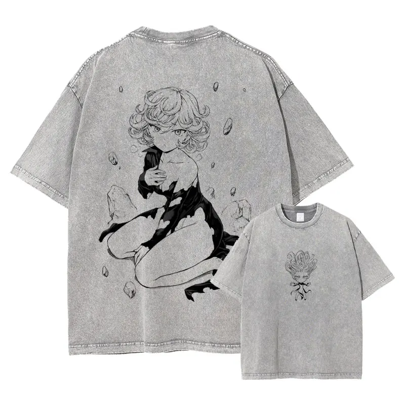 Camiseta de Anime One Punch, Camiseta de Manga Corta con Estampado de Dibujos Animados de Tatsumaki, Garou y Saitama, Estilo Vintage Lavado, Camiseta Holgada de Harajuku