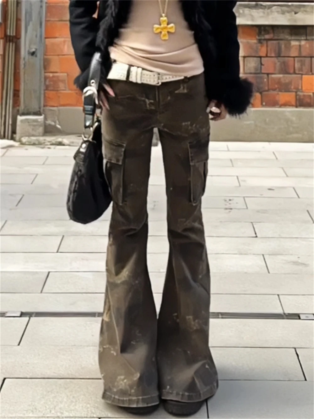 Women's Flare Cargo Jeans Camouflage Harajuku Japanese Low Rise Denim Pants Abi Trashy Y2k Bell Bottom American Retro Gyaru
