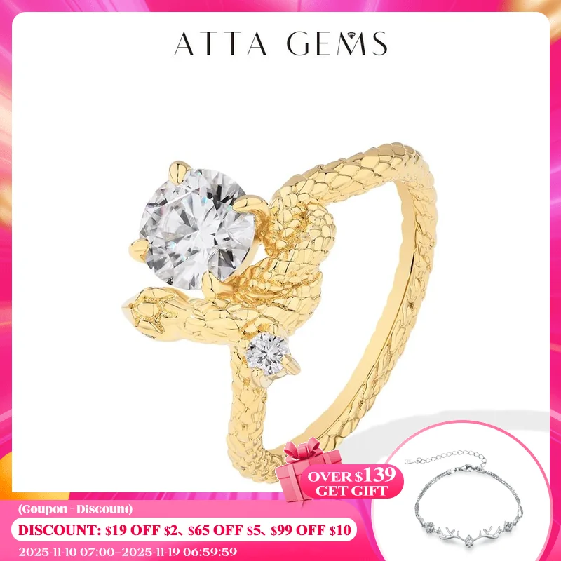 

ATTAGEMS Original Snake Moissanite Rings Round Cut 1.2CT for Women Men S925 Silver 18K Gold Plated Engagement Party Jewelry Gift