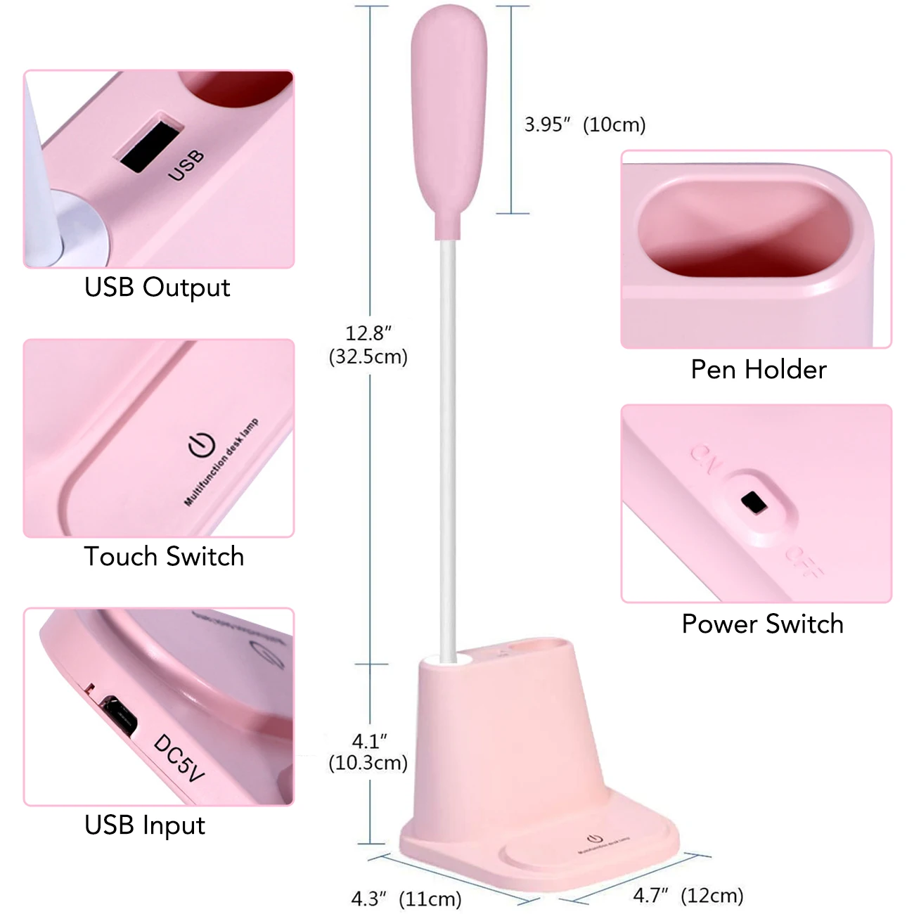 Rechargeable LED Desk Lamp with Pen Holder&USB Charger,360° Flexible Gooseneck,Eye-Caring 2 Color Modes Dimmable for Home Office