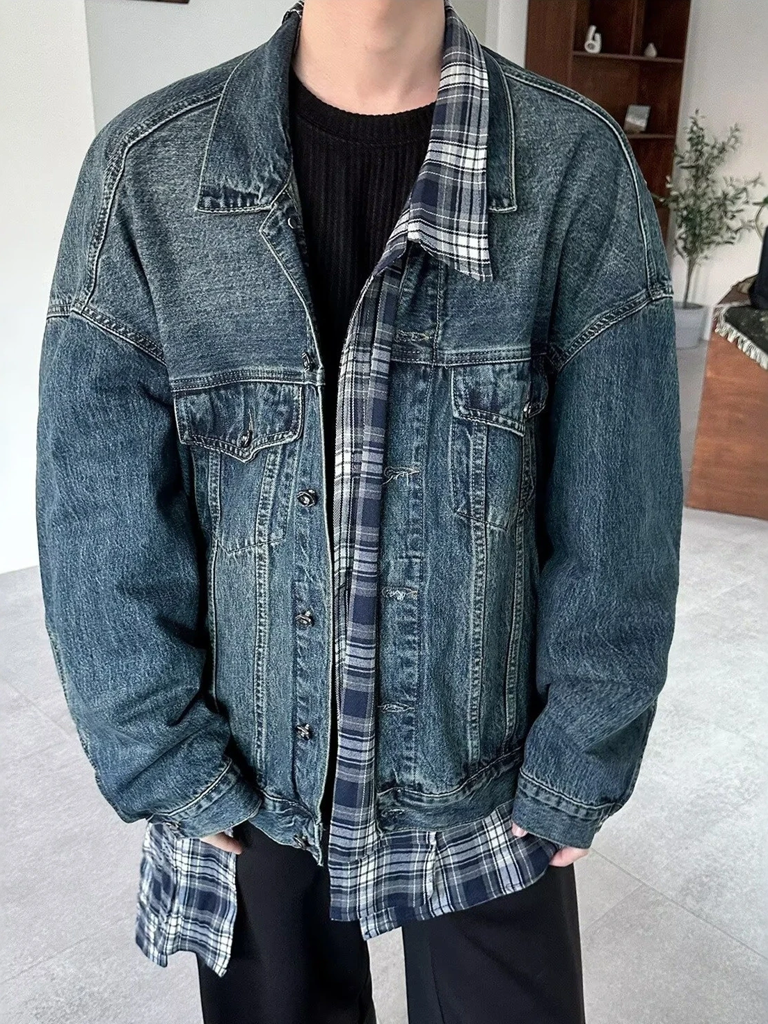 

Синяя джинсовая куртка-обманка с пэчворком для мужчин, осенне-зимняя, в американском стиле CleanFit, для подростков, молодежная, трендовая