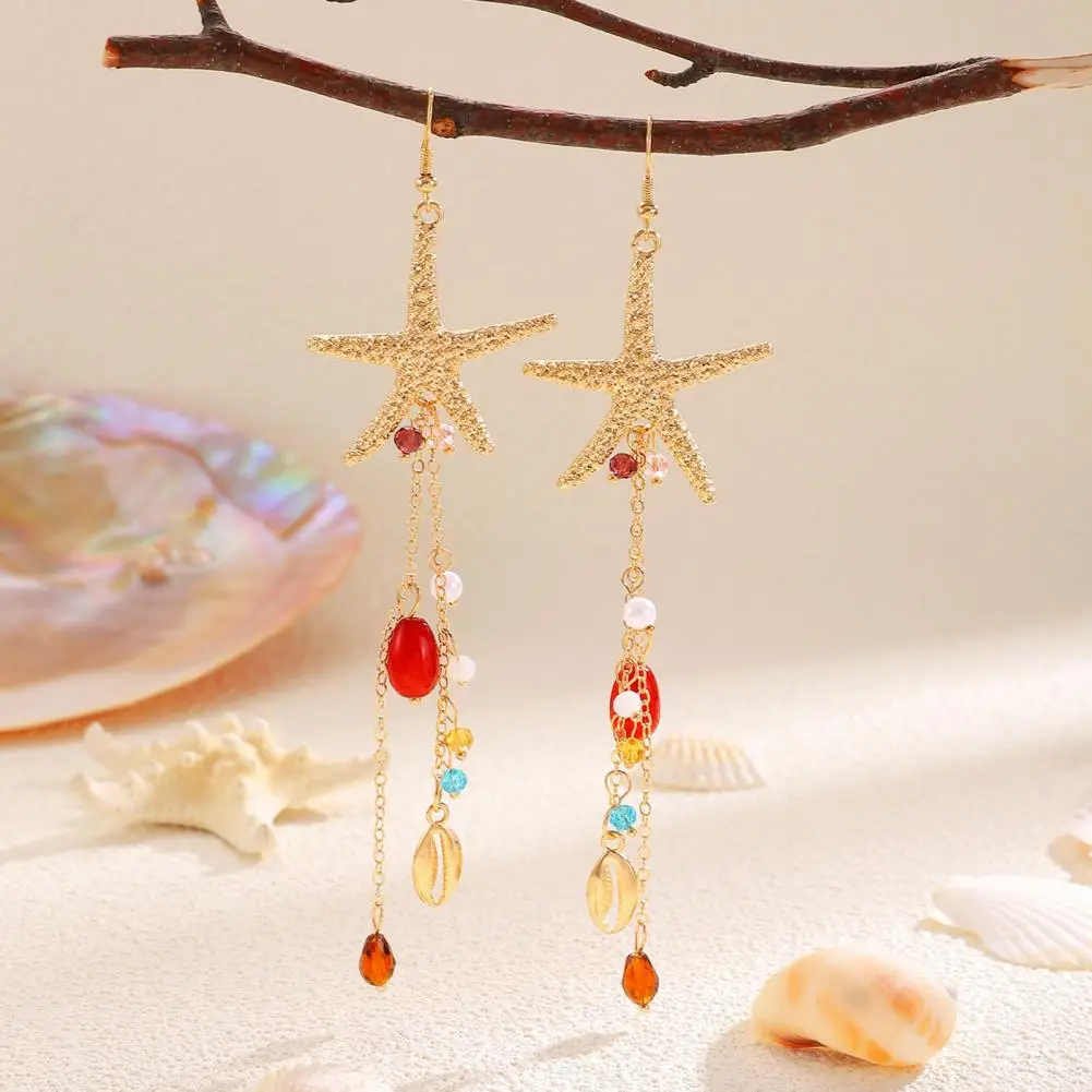Boho Chic Jewelry Bohemian Sea Star Shell Jewelry Set Ocean-inspired Starfish Charm Necklace Earrings Rhinestone Tassel Beach