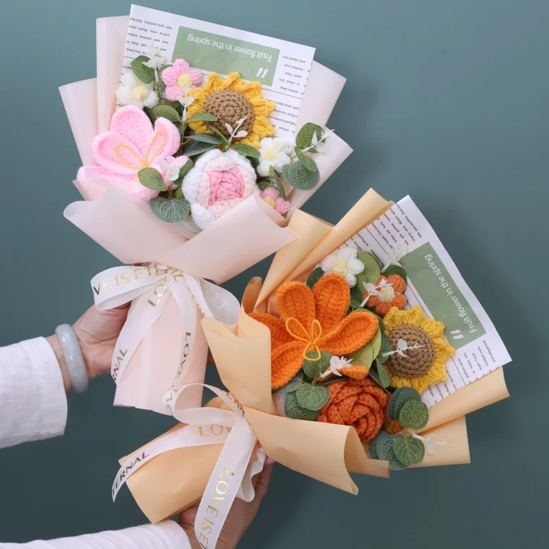 Rose Sunflowers Tulip Artificial Flowers Crochet Finished Knitted Bouquets Valentine Mothers' Day Birthday Graduation Gift