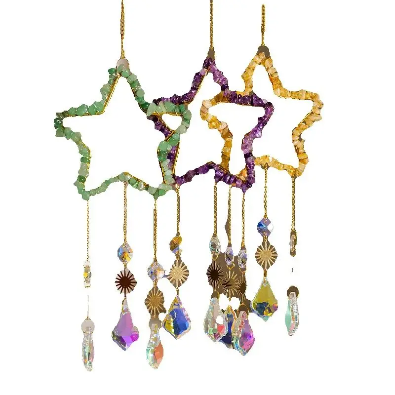 1PC Crystal Macadam Star Shape Sunlight Catcher Wind Chimes Natural Healing Crystal Pendant Gravels Five-pointe Star Catcher