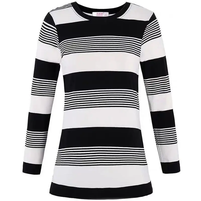 Fashion O-Neck Spliced Casual Printed Striped T-Shirts Women Clothing 2024 Autumn New Loose All-match Tops Commuter Tee Shirt