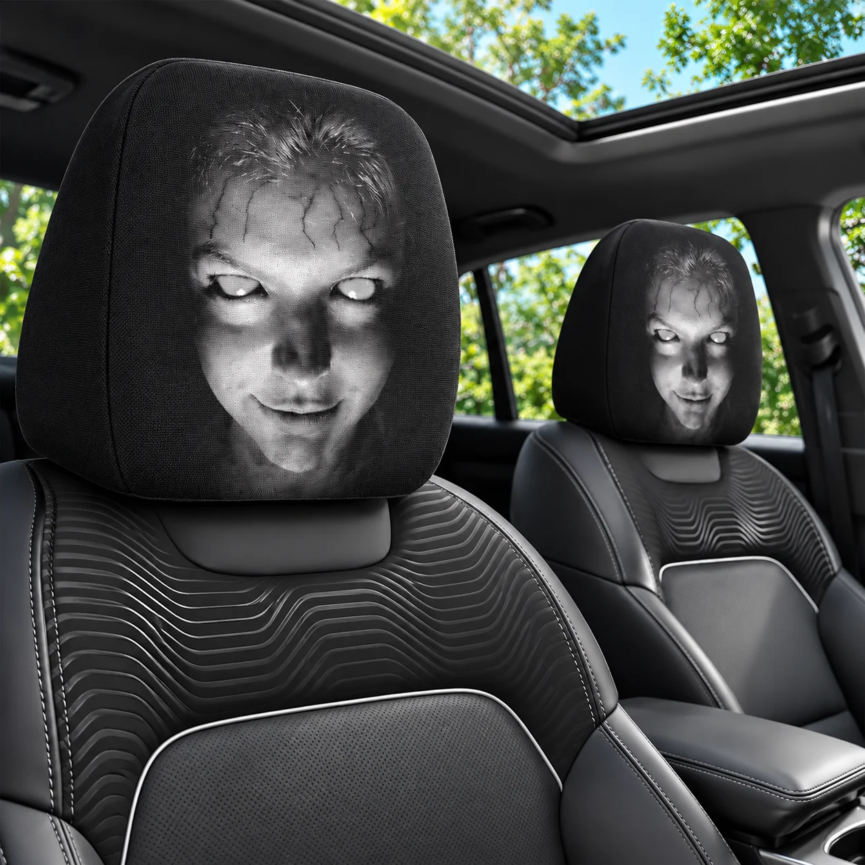 Black and White Horror Smiley Face Design Car Pillowcase Elastic Universal Horror Car Dust Cover 2PCS