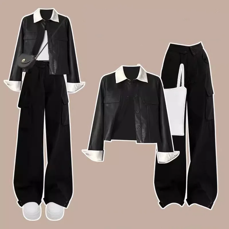 Autumn and Winter New PU Jacket White Camisole Vest Work Pants Three Piece Set Women\'s Casual Pants Set