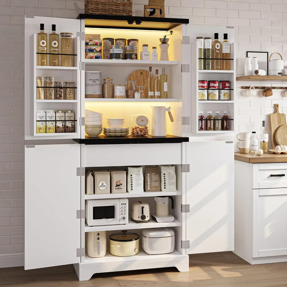 

Pantry Cabinet 72 Inch Tall Storage Cabinet with Door Shelves and LED Light Farmhouse Food Pantry Cabinet for Dining Roo
