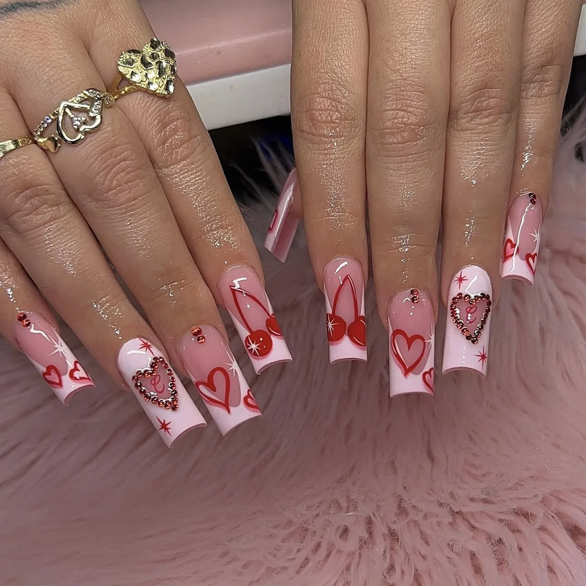 

24PCS Cute Heart Cherry Rhinestone Pink Red Fake Nails with Square Shape Press on Nails Sweet Y2K Style Nail Art for Women Girls