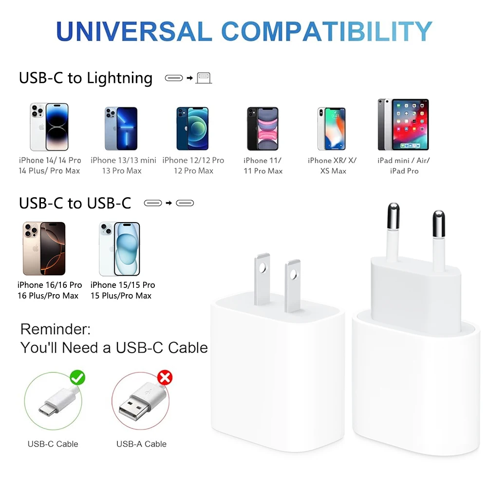 Original 20W USB-C Power Adapter For iphone 16 15 14 13 mini Pro Max Type C fast charger for Apple Cable for iPhone X XS 12 Plus