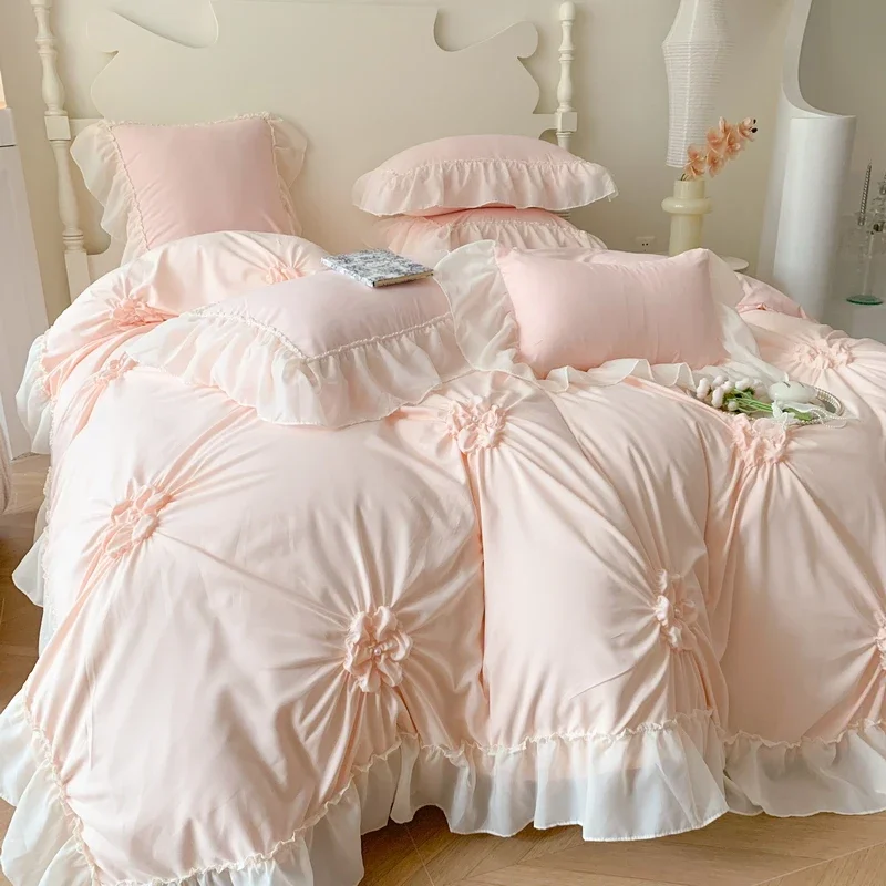 

Chiffon Lace Princess Bedding Set Queen Size Pink Yellow Hand-made Pleat Pearl Ruffles Duvet Cover Bedclothes Sheet Pillowcases