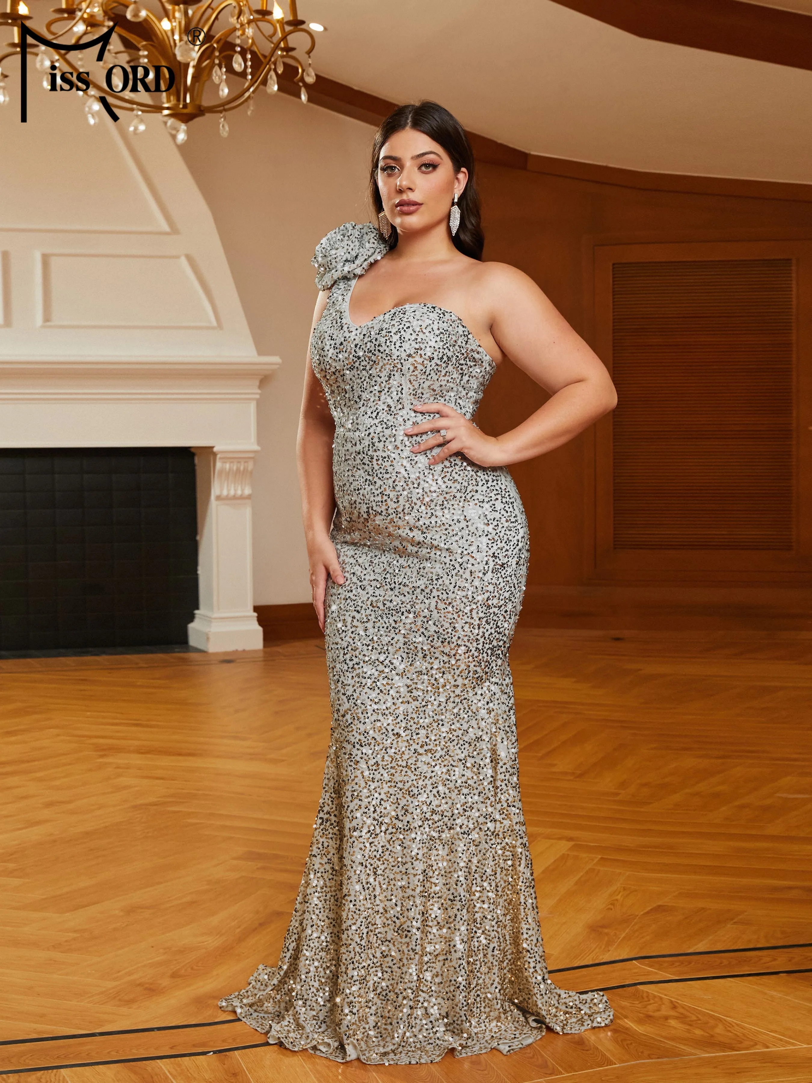 Missord Women Sequin Plus Size Evening Dress Elegant One Shoulder Sleeveless Appliques Bodcyon Maxi Mermaid Party Prom Dresses