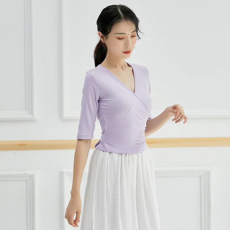 Nữ Cotton Thun Áo Thun Dài Tay Cổ V Cơ Bản Dáng Ôm Áo Thun Bọc Vụ Ba Lê Vũ Điệu Nhún Vai áo Vũ Công Thực Hành