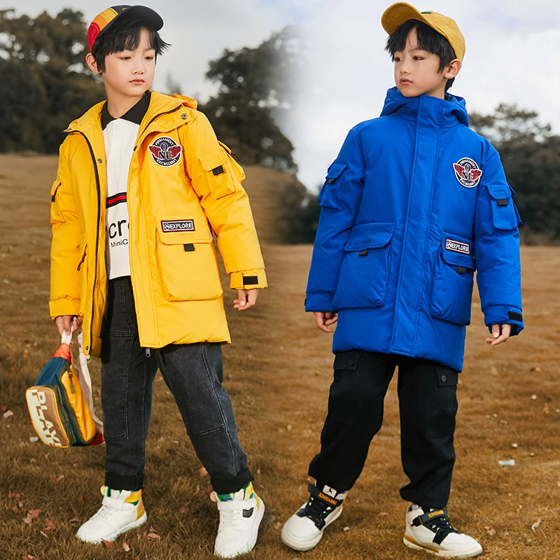 

Boys Girls Kids Long Loose Thick White Duck Down Jacket Red,Blue,Yellow Baby Coat, Teenagers Hooded Padded Jacket Clothes Winter