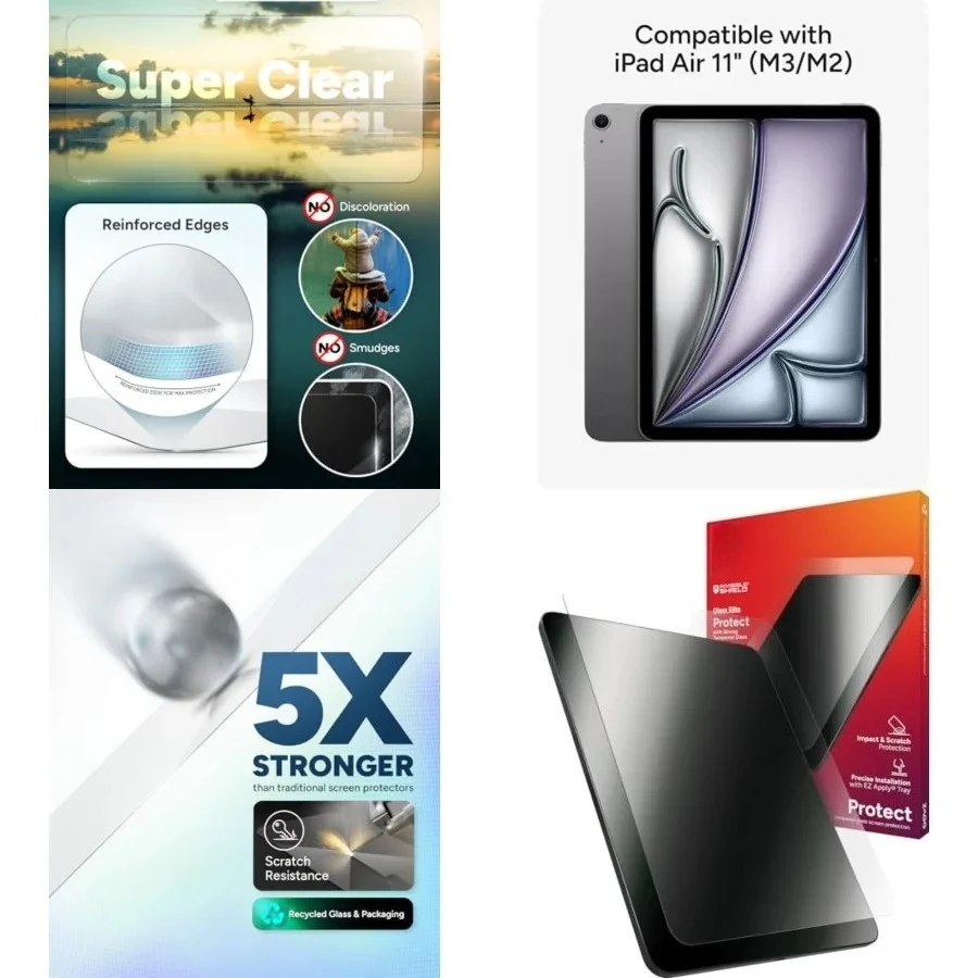 

Glass Elite iPad Air 11" (M5)/ (M4)/ (M3)/ (M2) Screen Protector - Ultra-Strong, Scratch-Resistant, Smudge-Free, Easy Install, Eco-Friendly, Tempered Aluminosilicate Glass