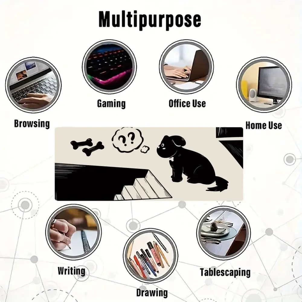 XXL Large Gaming Mouse Pad, Black and White Design, Puppy Pattern,Rubber Stitched Edge, Office Computer Gaming Desktop Accessory