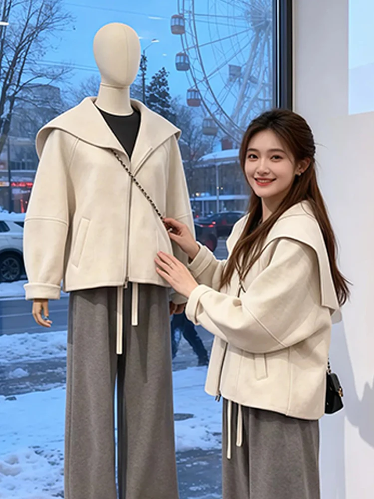 

Шерстяное пальто Ele ort Naval Collar для женщин, осенне-зимнее, новый дизайн, корейский стиль, свободный крой, с капюшоном