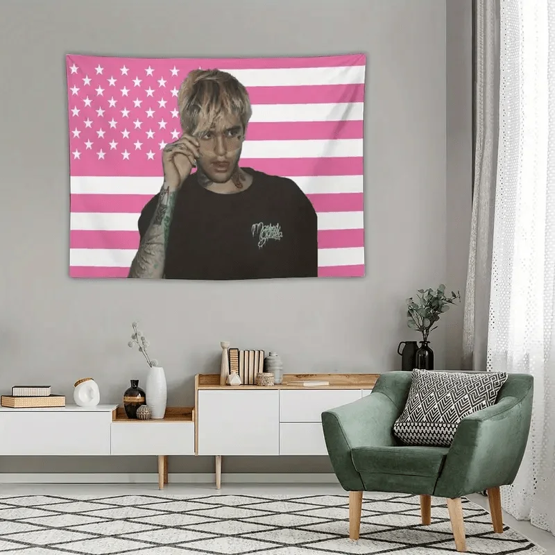 1Pc Lil Peep Themed Tapestry - Pink & White American Flag Portrait Polyester Wall Decor for Bedroom Dorm