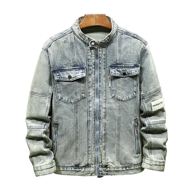 Retro blue high-end retro worn looking washed-out denim clothing for men 2024 fashion street motorcycle slim-fit zipper jacket