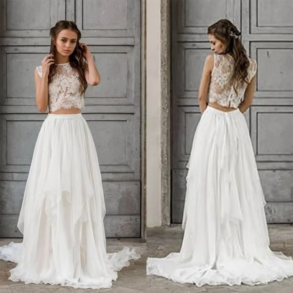 Sexy Two Piece Lace Wedding Dress Boho Beach Bridal Gowns Sleeveless Crop Top Chiffon Skirt Floor Length Backless Robe De Noiva