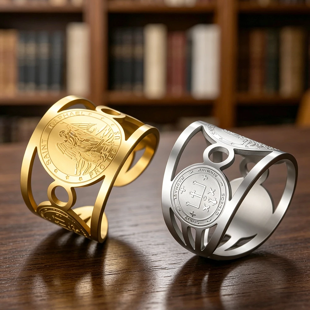 Patron Saint Raphael Ring for Men Women Healing Protection Amulet Archangel Catholic Jewelry Stainless Steel Adjustable Rings