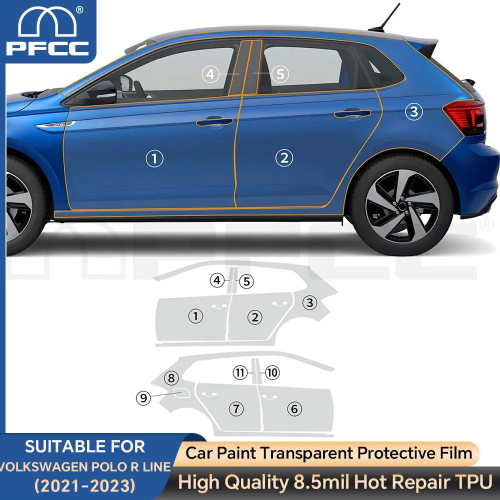 

Защитная пленка для предварительно вырезанных дверей на заказ, PPF, ТПУ для Volkswagen Polo R Line 2021-2023, внешний прозрачный комплект с защитой от царапин