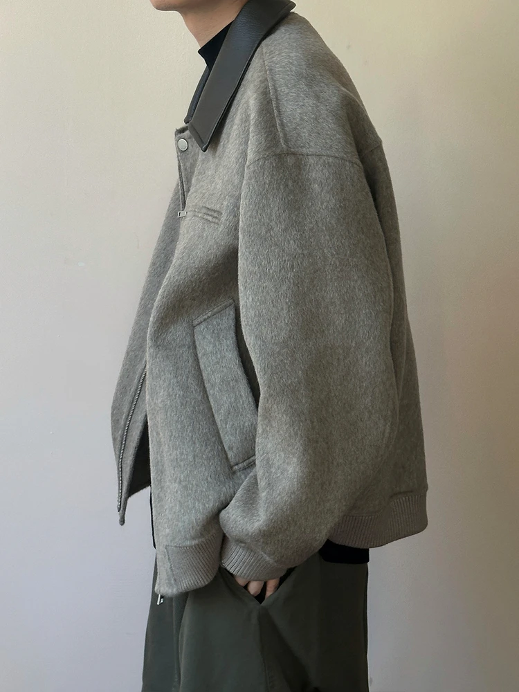 

Trendy ort Thiened Woolen Jaet Men's Autumn Winter Warm Fur Collar Splicing Stand Collar Jaet Korean Sle Youth