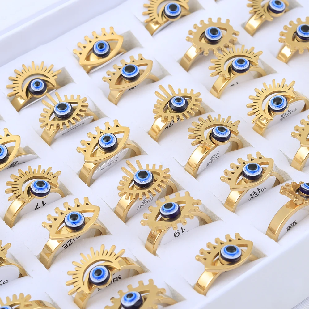 20 Pcs/Lot Vintage Stainless Steel Devil's Eye Rings for Men and Women Wholesale Mix Design Blue Eyes Geometric Fashion Jewelry