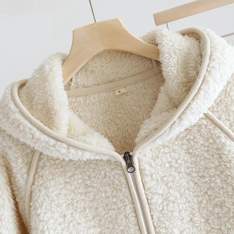 Winter Lamb Fleece Hooded Pajama For Women Warm Cardigan Zipper Home Sleepwear Solid Loose Big Pocket Female Nightclothes Autumn