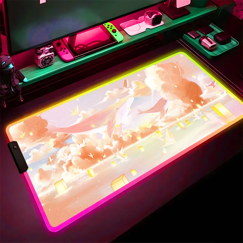 RGB LED ماوس الوسادة المطاط HD ماوس الوسادة نمط لعبة الوسادة ملحقات الكمبيوتر حصيرة مكتبية عدم الانزلاق الجدول حصيرة سحابة الحوت مكتب لوحة المفاتيح