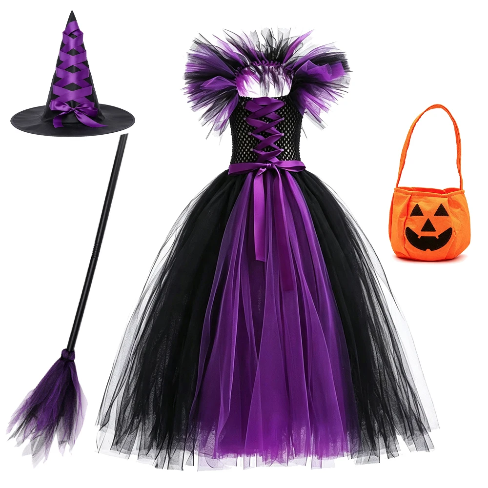 Schwarzes und lila Hexenkleid in voller Länge mit Hexenhut und Besen für Halloween-Cosplay für Mädchen – Detail 11