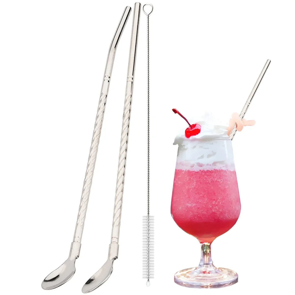 2pcs Stainless Steel Straw Set with Brush Metal Straw and Spoon 2-in-1 Reusable Straws for Cocktails Milkshake Juice Coffee Tea