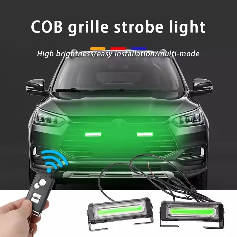 COB Car Front Grille Emergency Strobe Light Head 80W Green LED Warning Flashing Lightbar Vehicle Daytime Running Lamp 12V 24V