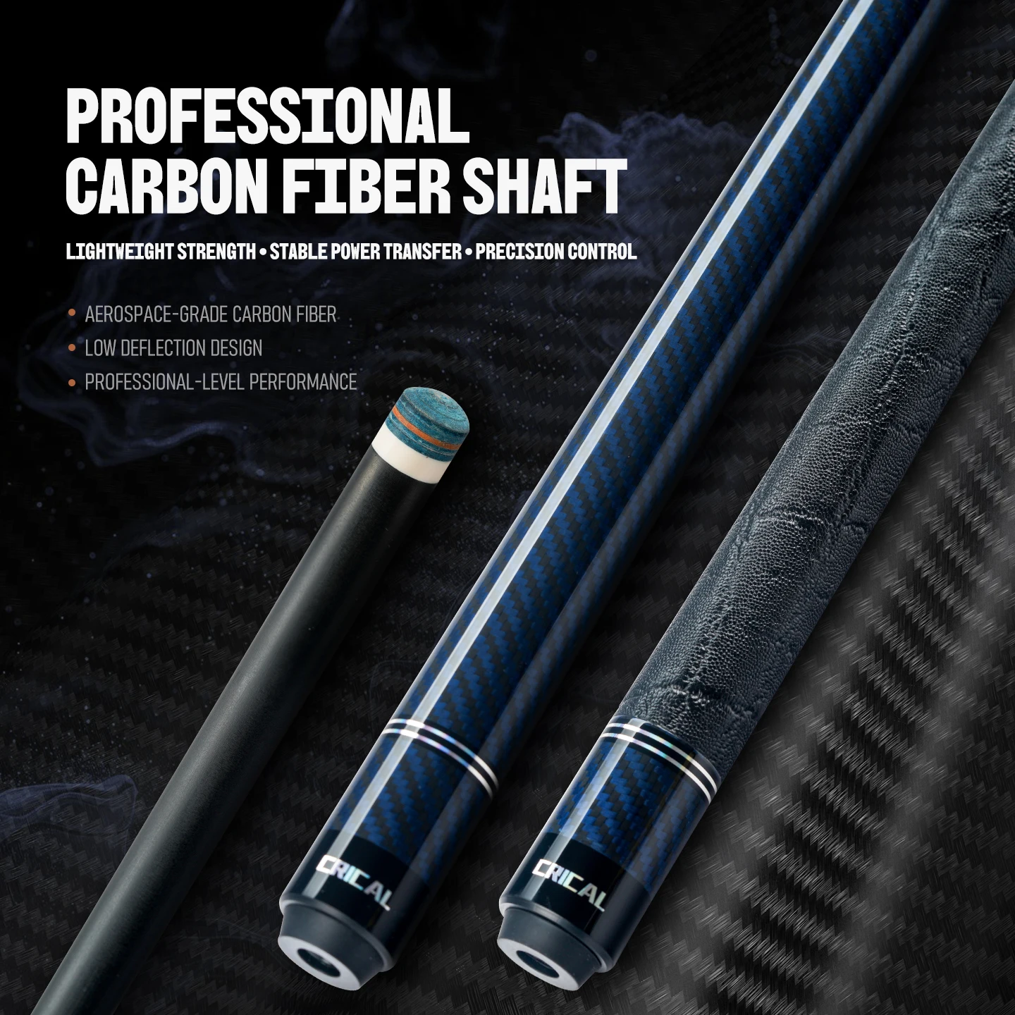 CRICAL Carbon Fiber Pool Cue, 58-Inch, Low Deflection, 12.5mm Tip | Pro Taper Shaft with 3/8x8 Joint and Adjustable Weight Syste
