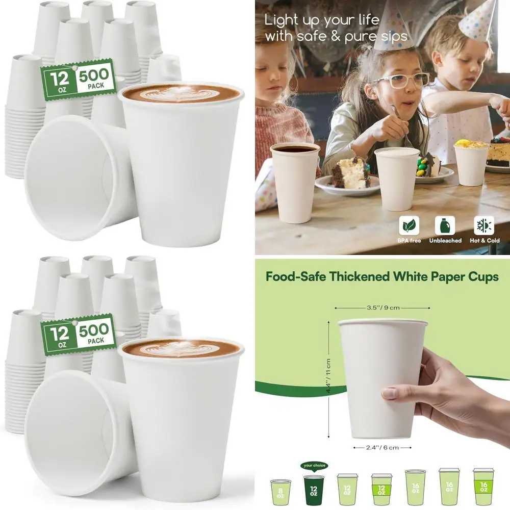 

12 oz Disposable White Paper Coffee Cups, 500 Pack, BPA-Free, Leak-Proof, 300GSM Thick, Unbleached for Hot/Cold Drinks, Ideal fo