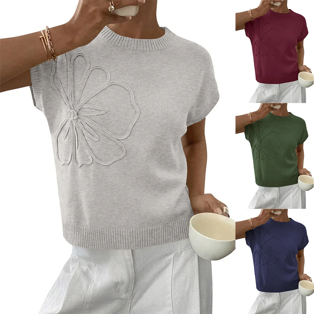 Women's Elegant Knit Top 3D Embossed Flower Pattern Round Neck Short Sleeve Ribbed Trim Pullover Summer Casual Basic Tee Shirt