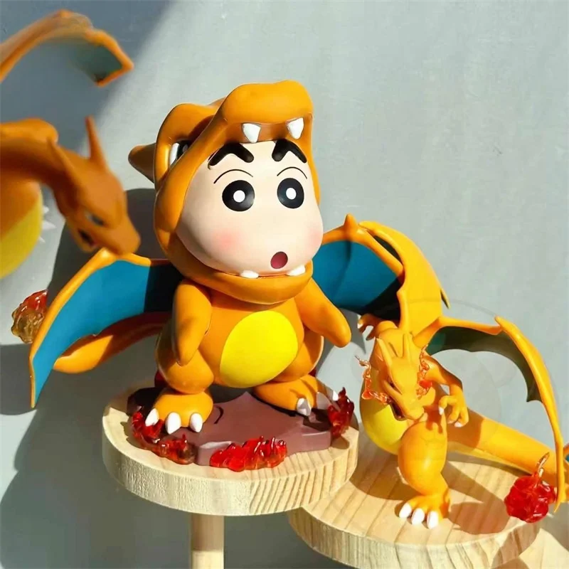 Crayon Shin-Chan Co-Branded Pokemon Anime Figure Fire-Breathing Dragon Pvc Model Desk Collection Decoration Children Toy Gift